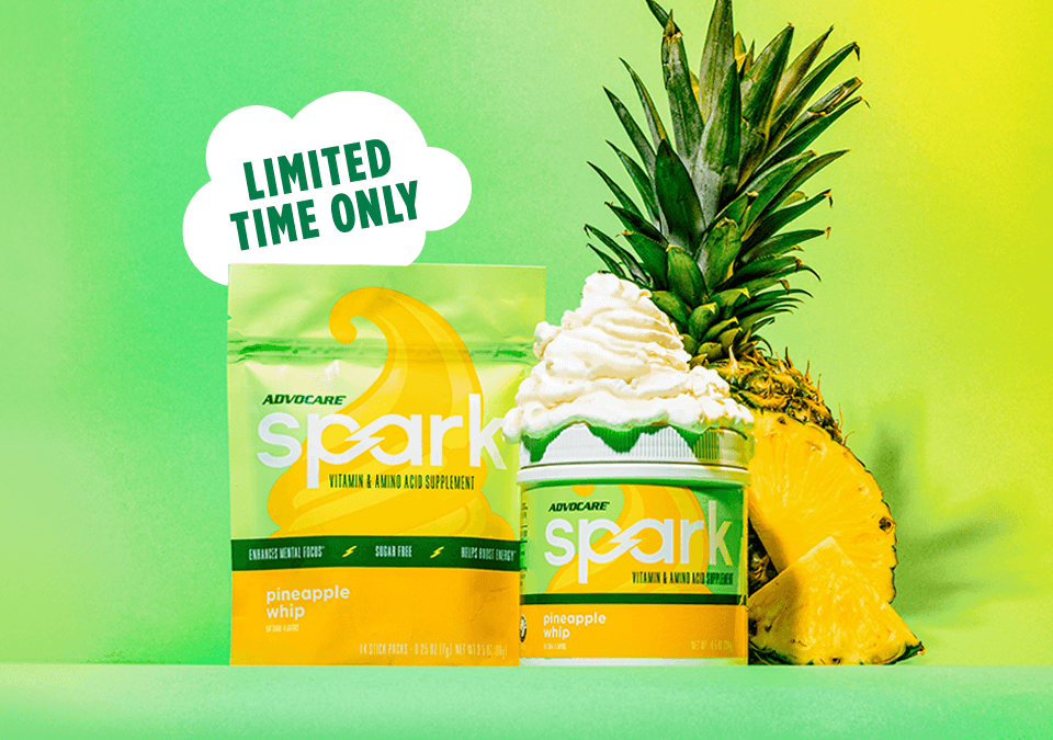 Limited Time Only. Spark Pineapple Whip Canister and Gusset Bag sitting next to a sliced pineapple on a green and yellow background.
