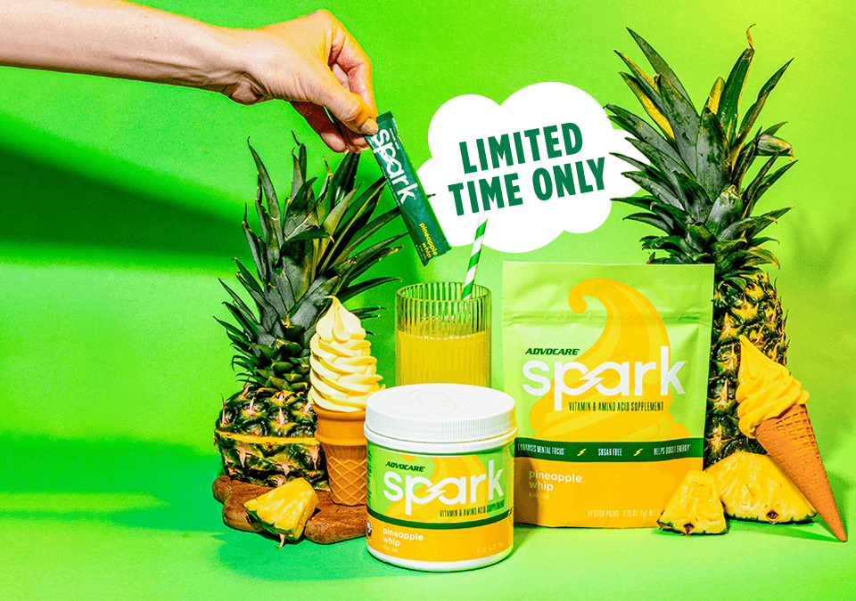 Limited Time Only! Spark Pineapple Whip Canister and Gusset Bag next to pineapples and Pineapple Whip ice cream cones.