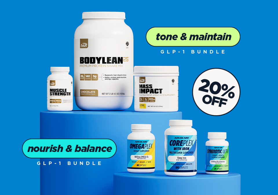 GLP-1 tone & maintain bundle and GLP-1 nourish & balance bundle products on blue round pedestals