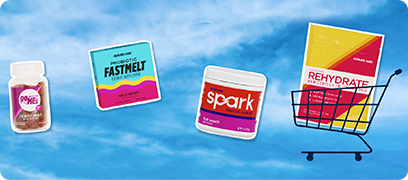 GoMes, FastMelt, Spark and Rehydrate Gusset bag in a shopping cart floating in the sky.