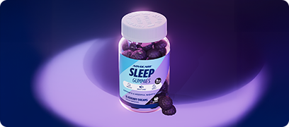 AdvoCare Sleep Gummies on a purple background with the silhouette of  a crescent moon below.