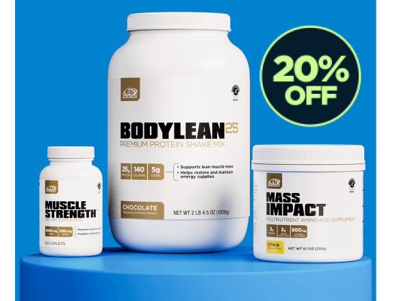AdvoCare Muscle Strength, BodyLean25 and Mass Impact sitting on a blue platform. 20% Off