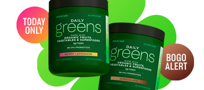 BOGO Alert - Daily Greens Canisters against a Green Shamrock