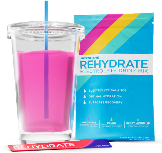 Rehydrate Sample Pack bag next to a bottle of Rehydrate Fruit Punch. An open Rehydrate stick pack lies in front of the bag and bottle.