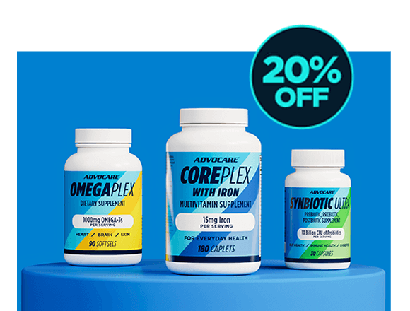 AdvoCare OmegaPlex Coreplex with Iron and Synbiotic Ultra sitting on a blue platform. 20% Off