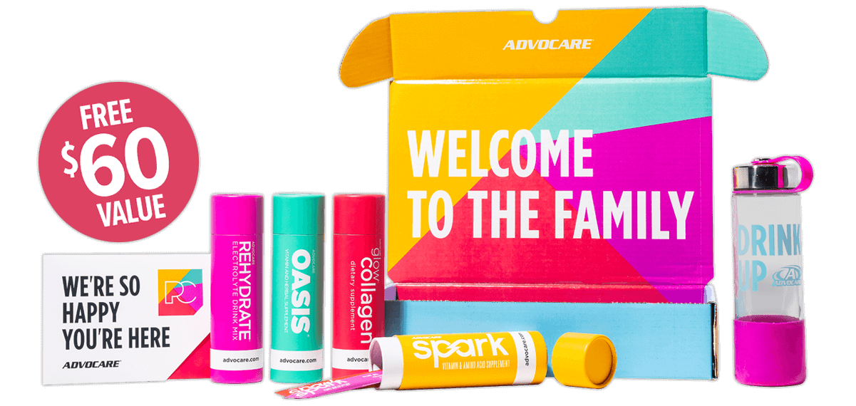 Preferred Customer Welcome box with a card, Spark sample canister, Oasis sample canister, Rehydrate sample canister, Glow Collagen sample canister, and water bottle. Free $60 value.