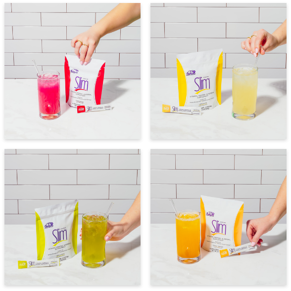 Grid image of Slim Mixed Berry, Lemonade, Peach Mango, and Apple Pear