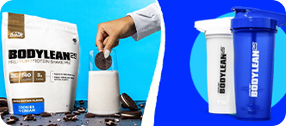 BodyLean25® Cookies & Cream 13 Serving Bag next to a glass of milk with a cookie being dipped in it. Alongside the 2 BodyLean25 shaker bottles.