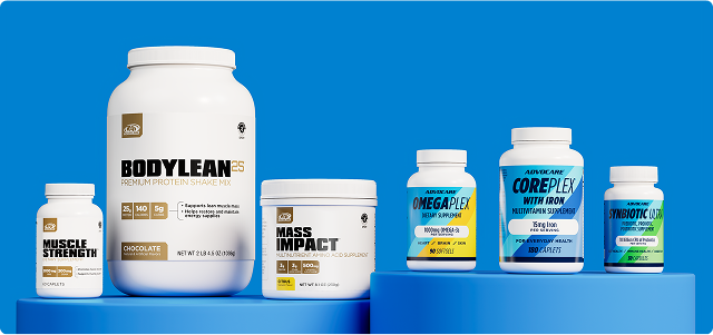 AdvoCare GLP-1 Support bundles sitting on blue platforms against a blue background.