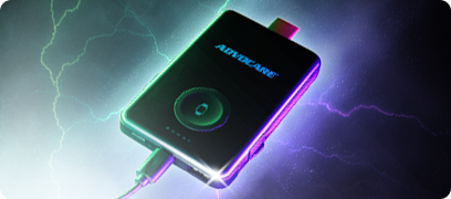 AdvoCare Portable Charger on a black and white background with green and purple lightning bolts surrounding it.