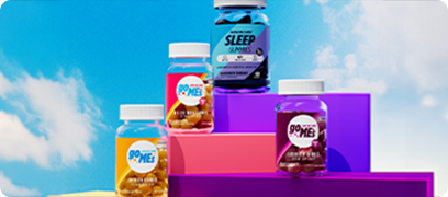 GO MEs Multivitamin, Elderberry and Collagen bottles along with a bottle of Sleep Gummies on platforms