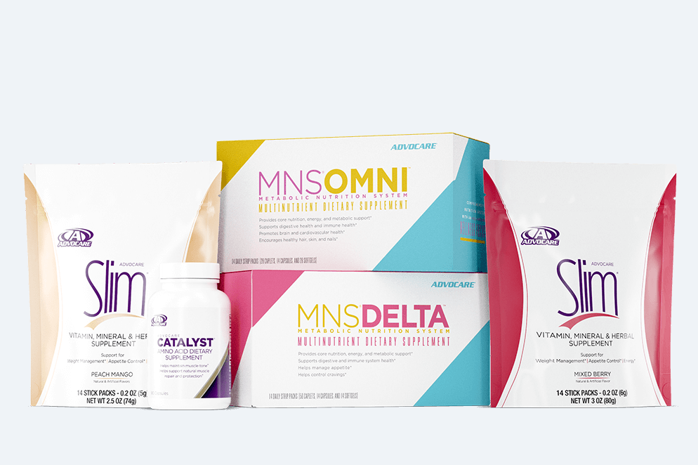 Weight Management products - Slim gusset bag, Catalyst bottle, MNS Omni and Delta boxes stacked on top of each other, and Slim gusset bag