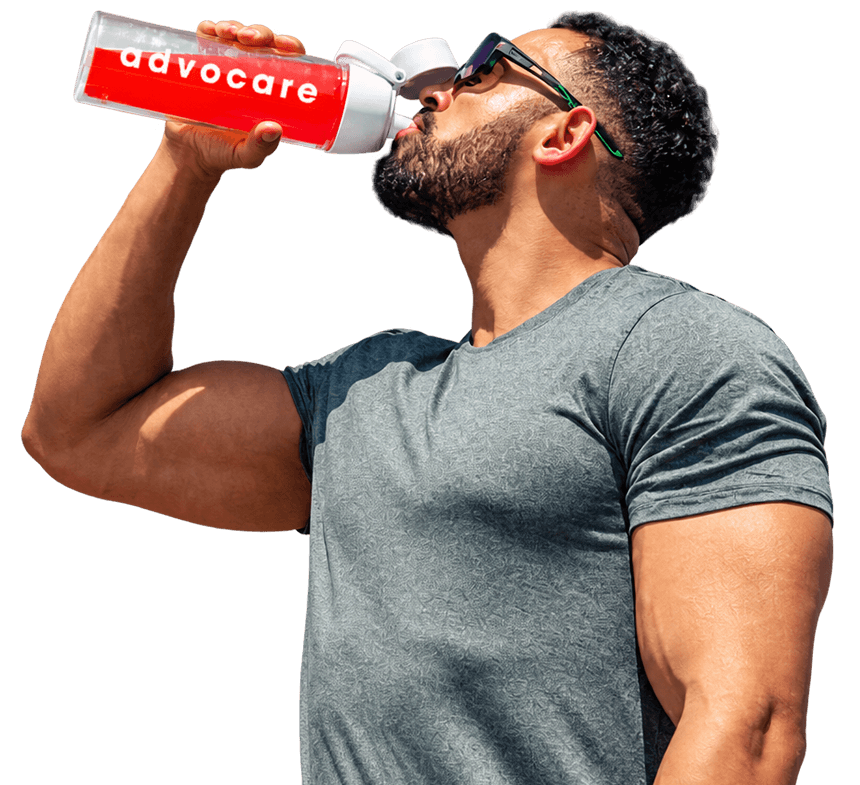 Man drinking from an AdvoCare Branded water bottle