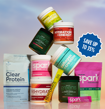 Save Up to 35%! Various AdvoCare products stacked against a dusk sky background.