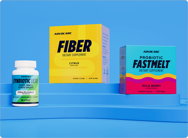 AdvoCare FastMelt, Citrus Fiber and Synbiotic Ultra on blue platforms.