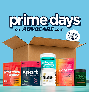 Various AdvoCare products in front of an opened packing box. Prime Days on AdvoCare.com 2 Days Only!